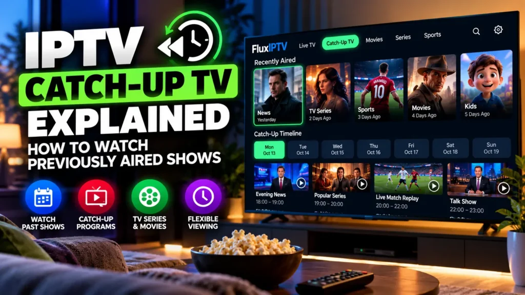 IPTV Catch-Up TV explained, showing how to watch previously aired shows, replay programs, movies, and sports on FluxIPTV.