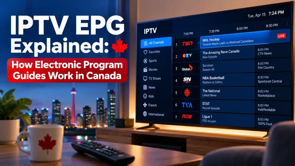 IPTV EPG explained with an electronic TV program guide showing Canadian channels, schedules, and upcoming programs.