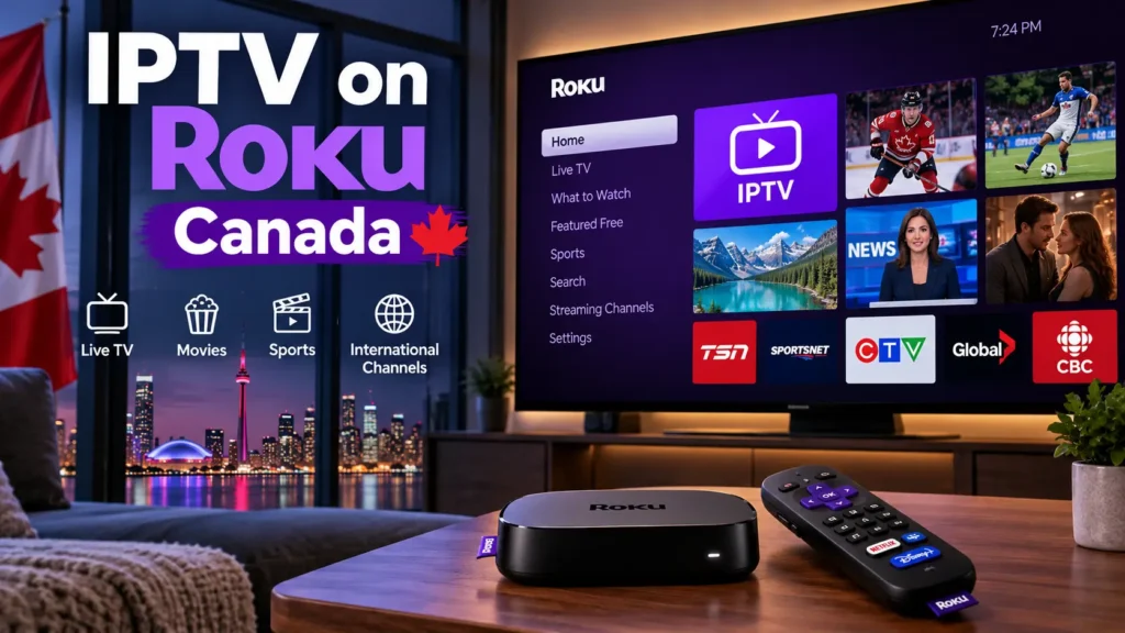 IPTV on Roku Canada streaming live TV, sports, movies, and international channels on a Roku device.