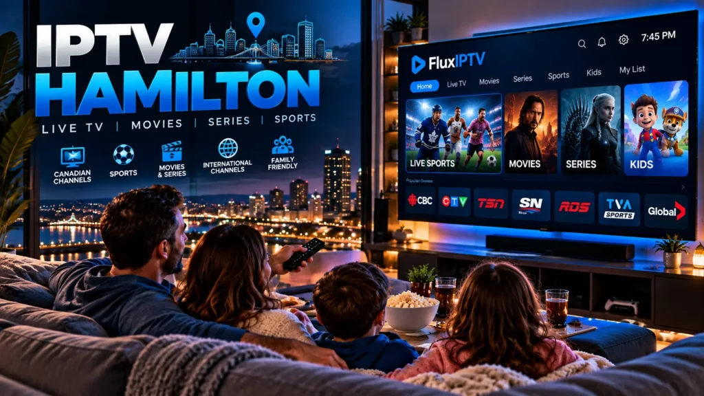 IPTV Hamilton featuring FluxIPTV on a large TV, with a family enjoying live sports, movies, series, and kids’ entertainment in a modern living room.
